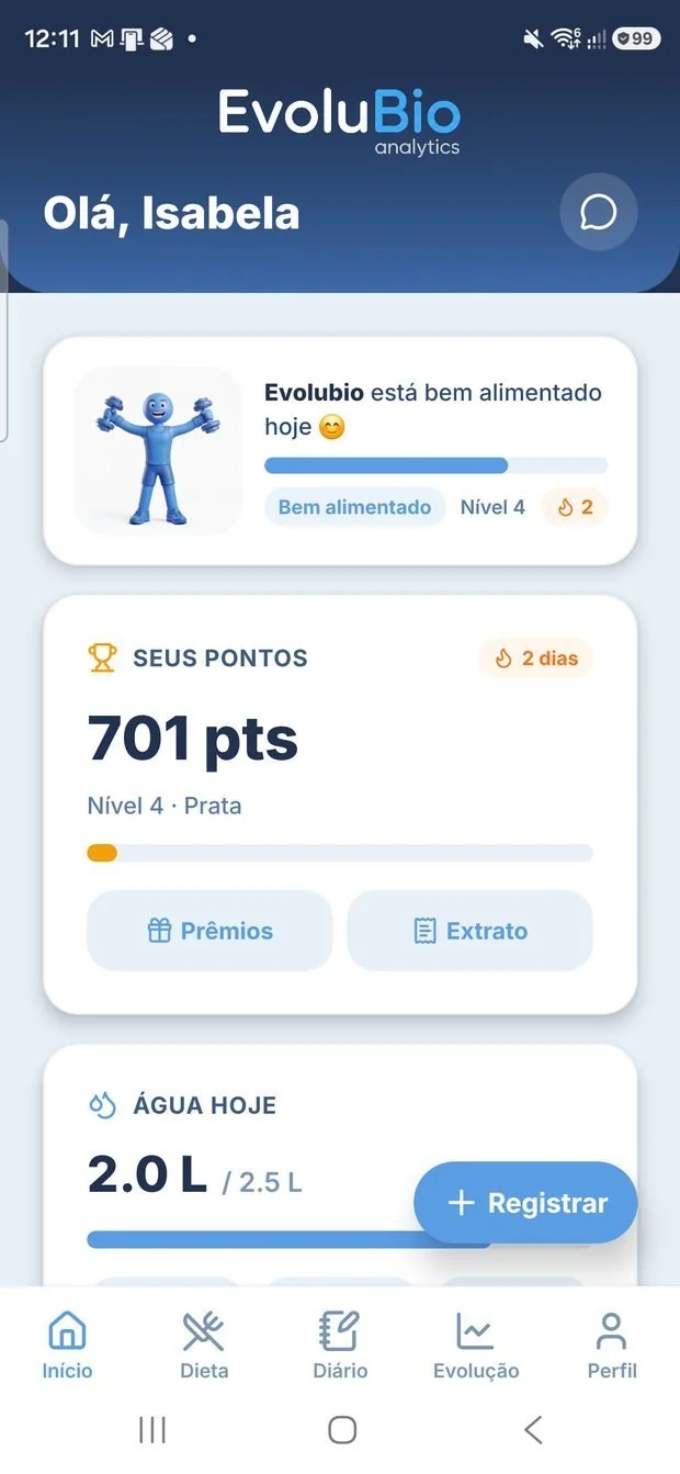 App do paciente: tela inicial com pontos e água do dia